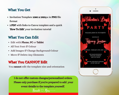 Editable digital invitation template for a Valentine's party, featuring a black neon design with red hearts, customizable via the Canva app for smartphones.