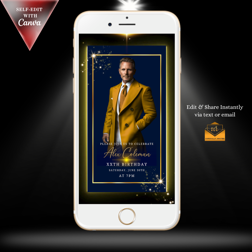 Blue Gold Neon Men’s Animated Birthday Invitation Suite With Photo