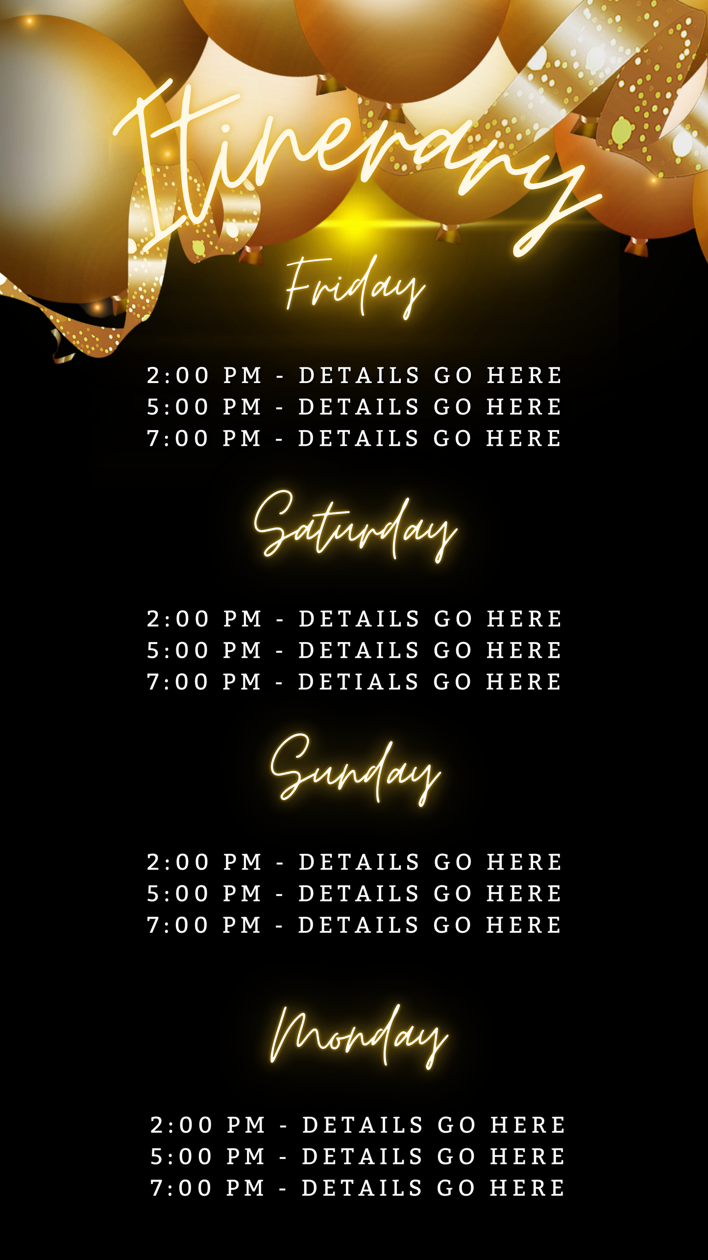 Black Neon Gold Balloons | 7 Day Getaway Birthday Evite displayed with customizable text on a black background, featuring yellow and white balloons.