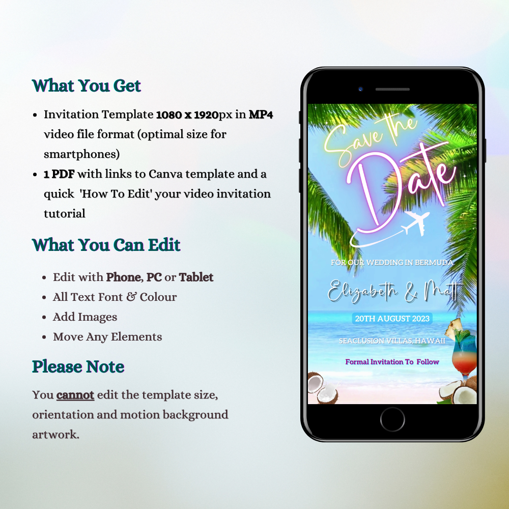 Palm Beach Destination Save The Date Video Invitation displayed on a smartphone screen, featuring a customizable beach and palm trees theme for digital event invitations.