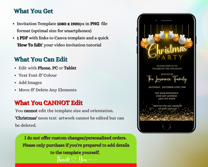 Gold Silver Glitter Christmas Party Evite displayed on a smartphone screen, customizable via Canva, ideal for digital invitations.