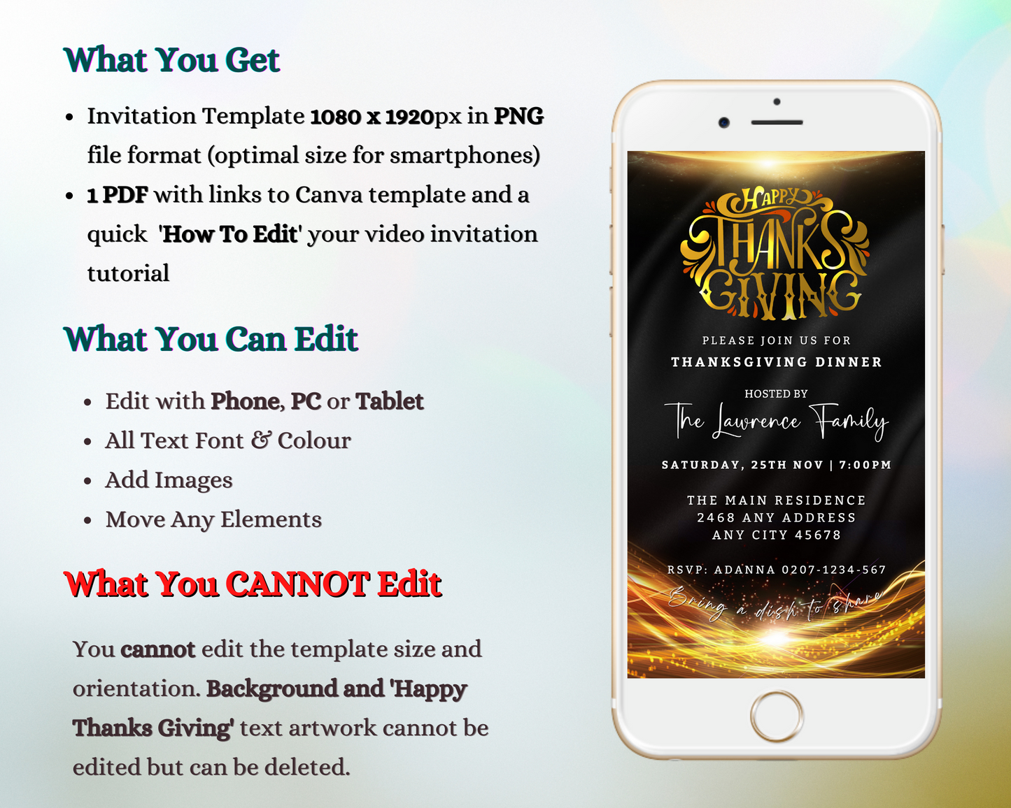 Gold Neon Black Sparkle Thanksgiving Evite template displayed on a white smartphone screen, showcasing text customization options using the Canva design app.
