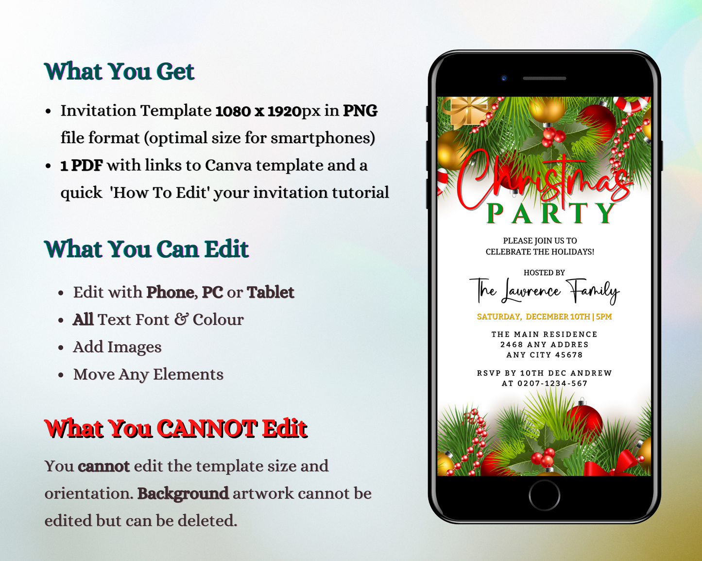 Smartphone displaying an editable digital Christmas party invitation template with white and green ornaments, available for customization using Canva.