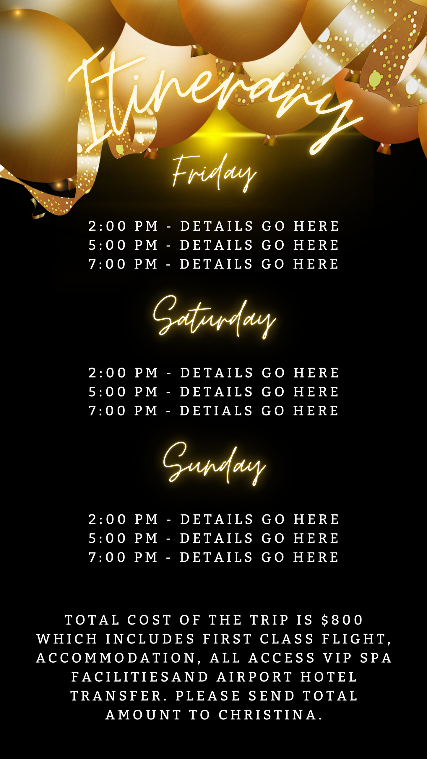 Black Neon Gold Balloons Birthday Weekend Evite with customizable text, featuring a digital design for easy personalization and electronic distribution via Canva.