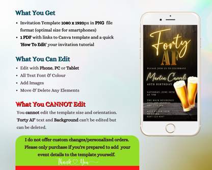 Gold Neon Beer | Forty AF Party Evite displayed on a smartphone screen, featuring customizable text and event details for a digital invitation template.