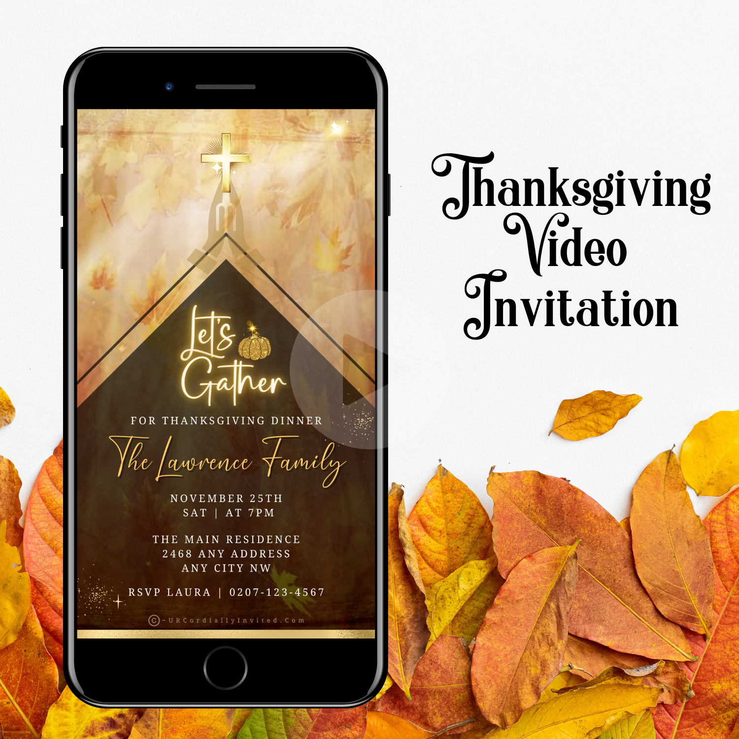 Thanksgiving Dinner Golden Cross Video Invitation, featuring a gold neon pumpkin, displayed on a mobile screen with autumn leaves, emphasizing digital customization.