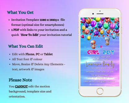 Easter Bunnies in Hot Air Balloons digital gender reveal video invite, displayed on a white smartphone screen with colorful balloon graphics.