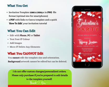 Cell phone displaying the customizable Red White Boarder Hearts | Galentines Party Evite digital invitation template.