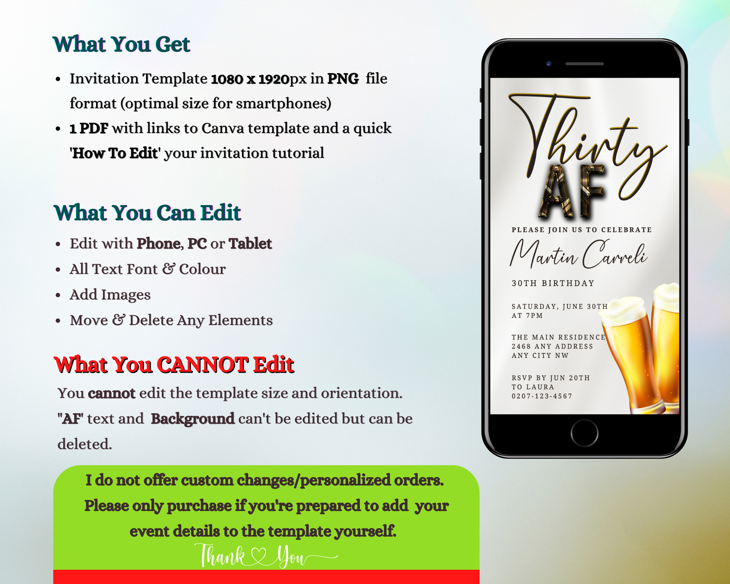 Customizable digital invitation template for a Thirty AF beer-themed party, displayed on a smartphone screen with editable text and event details.