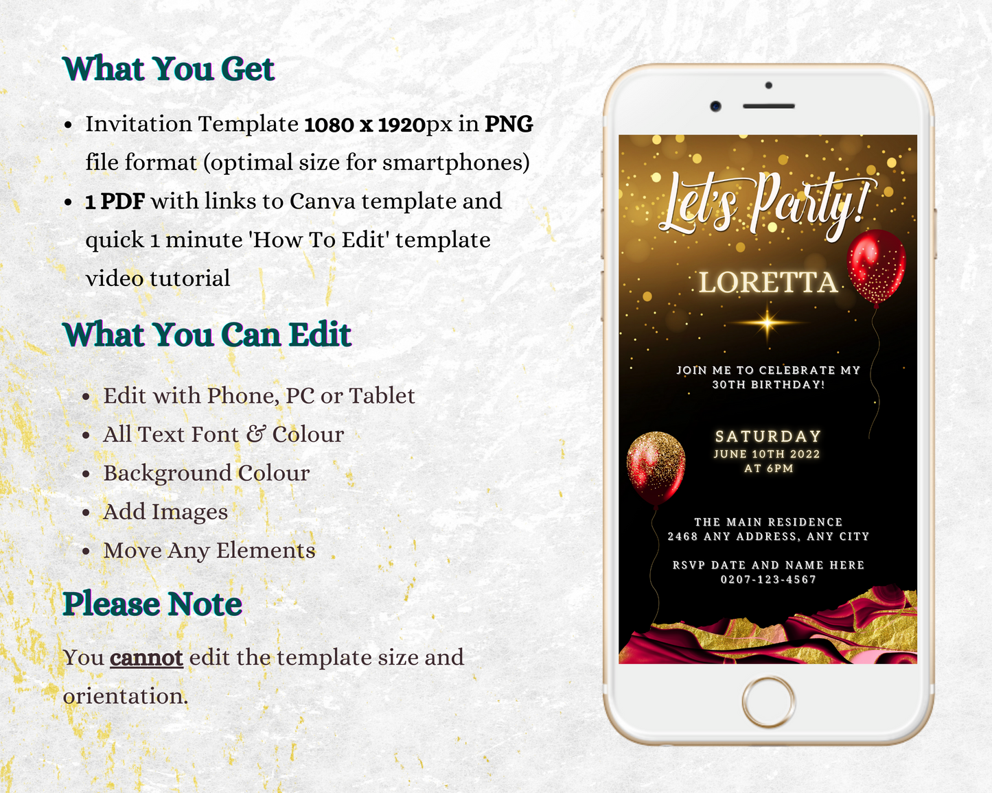 Phone displaying a customizable Burgundy Gold Ankara Balloons Editable Party Evite template with stars and balloons, ready for personalization via Canva.