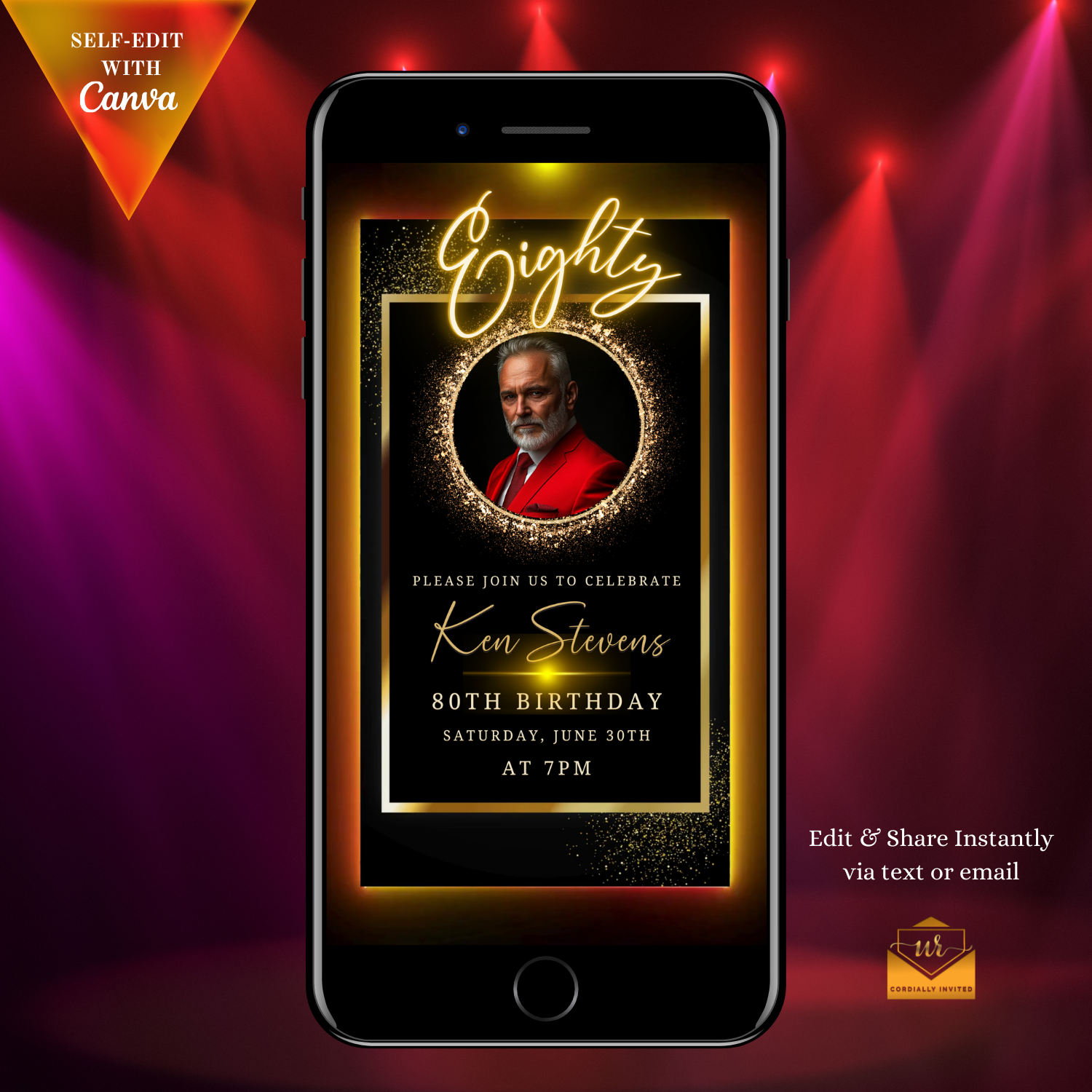 80th Birthday Video Invitation featuring a man's photo on a phone screen, showcasing an animated black and gold oval frame design for personalizing milestone celebrations.