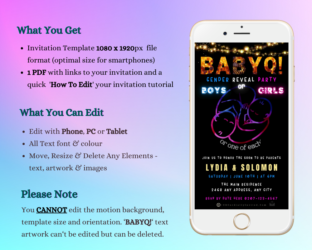 Cellphone displaying a customizable Animated Twins Cuddle BABYQ Grill gender reveal invite template for digital download and personalization via Canva.