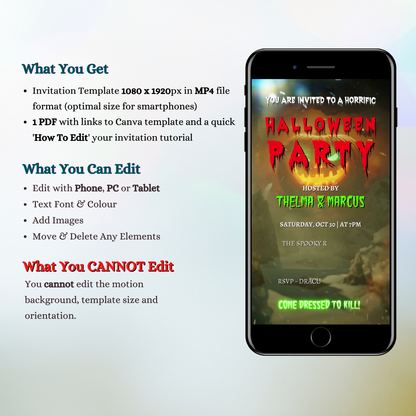 Creepy Halloween Party Video Invitation displayed on a smartphone screen, featuring a Beetlejuice-themed design with text details about the event.