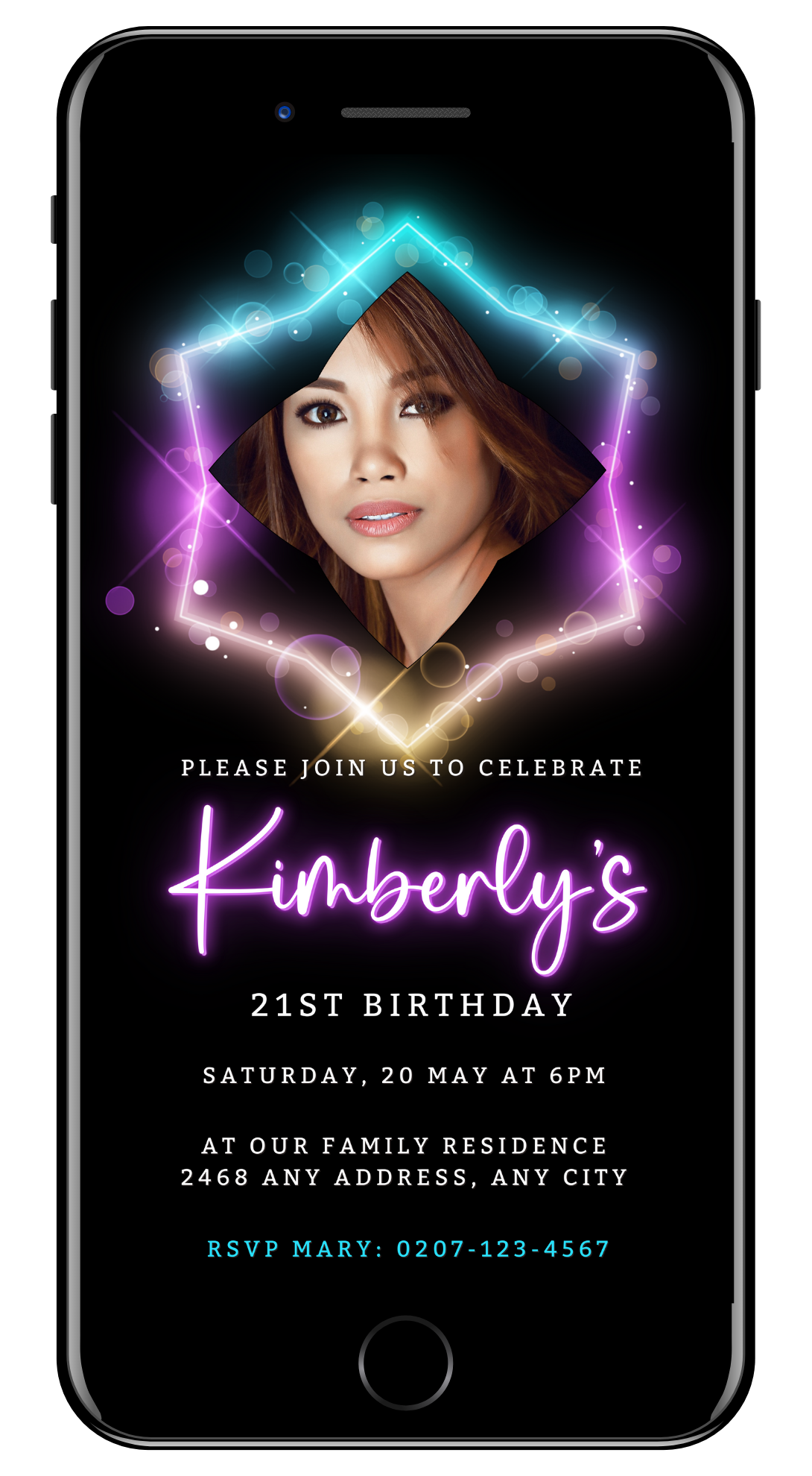 Woman's face on smartphone screen showcasing the Customisable Digital Colourful Neon Black Pink Birthday Party Evite from URCordiallyInvited.