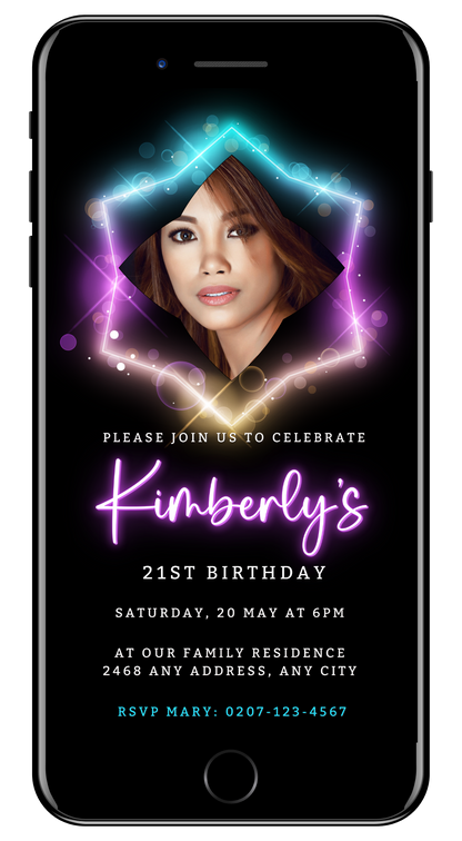 Woman's face on smartphone screen showcasing the Customisable Digital Colourful Neon Black Pink Birthday Party Evite from URCordiallyInvited.