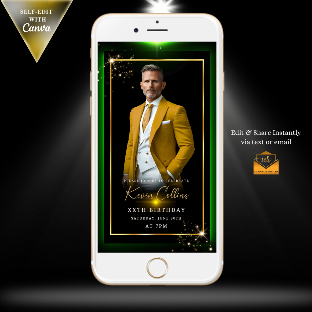 Gold Black Green Luxury Men’s Animated Birthday Invitation Suite