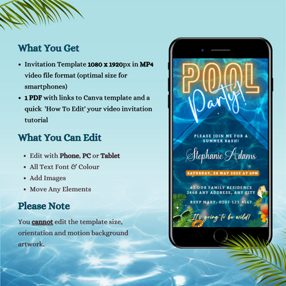 Cellphone displaying customizable Blue Water Diamond Pool Party Video Invitation with text and palm leaves, optimized for smartphones and editable via Canva.