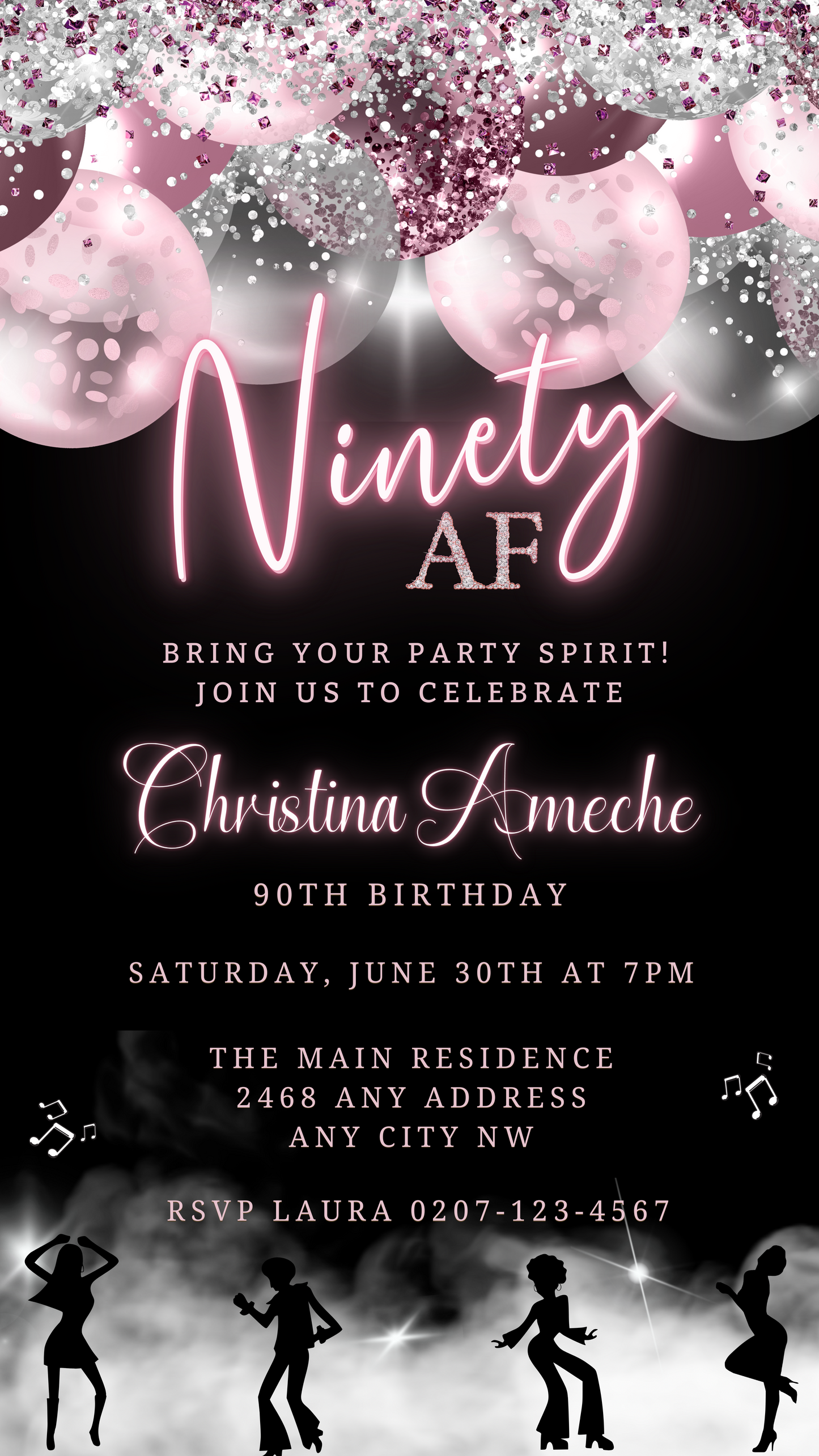 Customizable Mauve Pink Silver Neon | 90AF Birthday Evite featuring pink and white balloons and dancing silhouettes. Ideal for digital invitations via Canva.