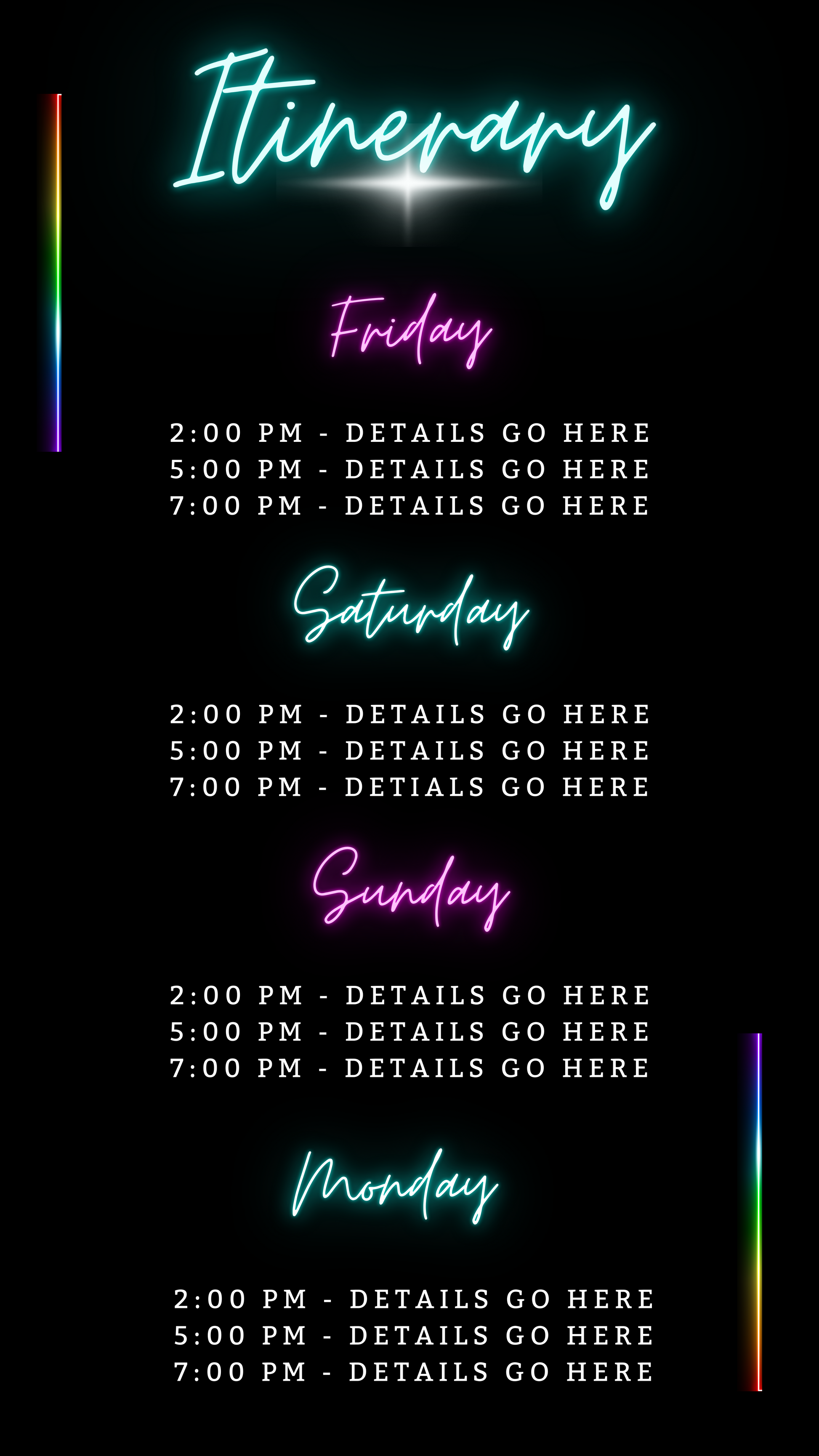 Neon pink and aqua black customizable bachelorette getaway party evite template in a vibrant design, showcased with glowing neon text on a dark background.