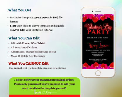 Editable Digital Black Pink Red Hearts Valentines Party Evite displayed on a smartphone screen, showcasing customizable text options for events via Canva.