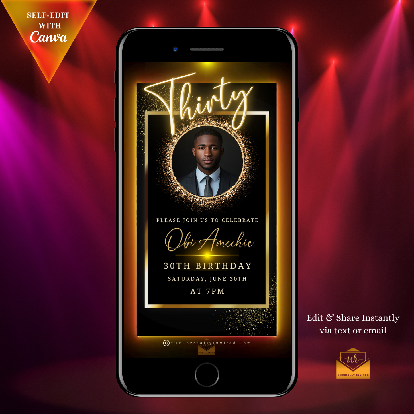 Black & Gold 70th Birthday Video Invitation on a smartphone screen, featuring a man's photo in a gold oval frame, ideal for formal milestone celebrations.