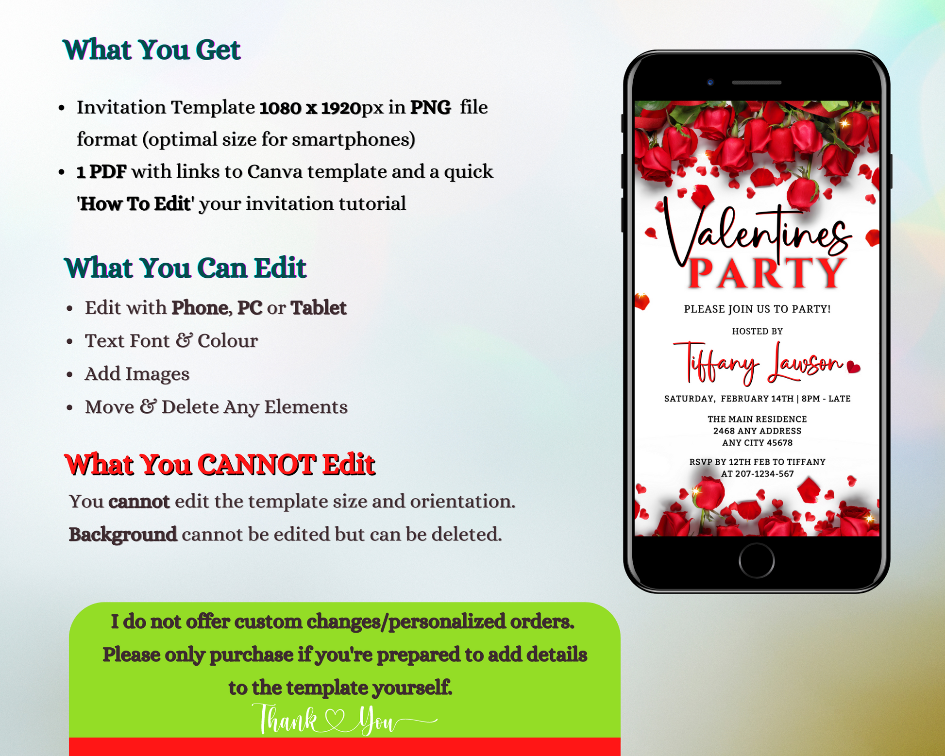 Red Roses Border Themed Valentines Party Evite displayed on a smartphone screen, showcasing editable text and design elements for customization via Canva.