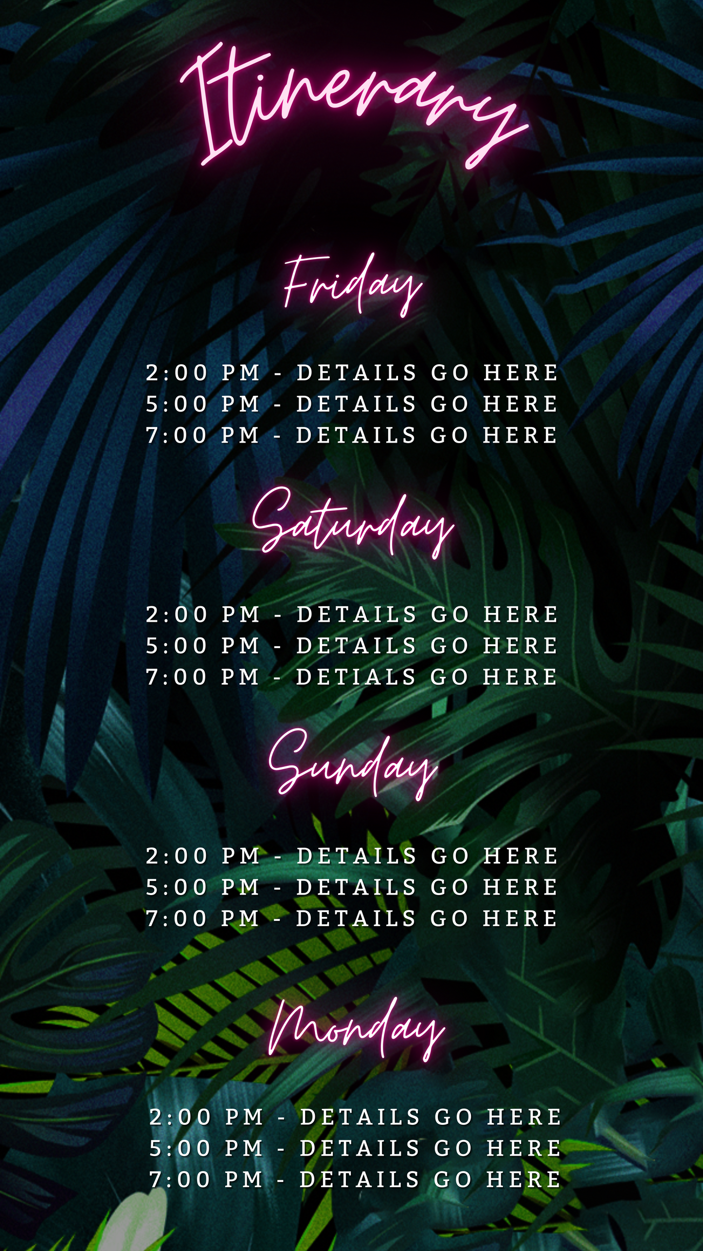 Customizable Tropical Destination Neon Pink Birthday Getaway Evite template featuring a neon sign and schedule, ideal for digital invitations via Canva.