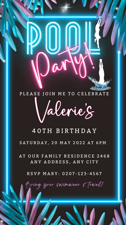 BBQ Swim Pool Party | Digital Invite - A customizable black and pink invitation with neon lights, designed for easy personalization using Canva, perfect for electronic sharing.