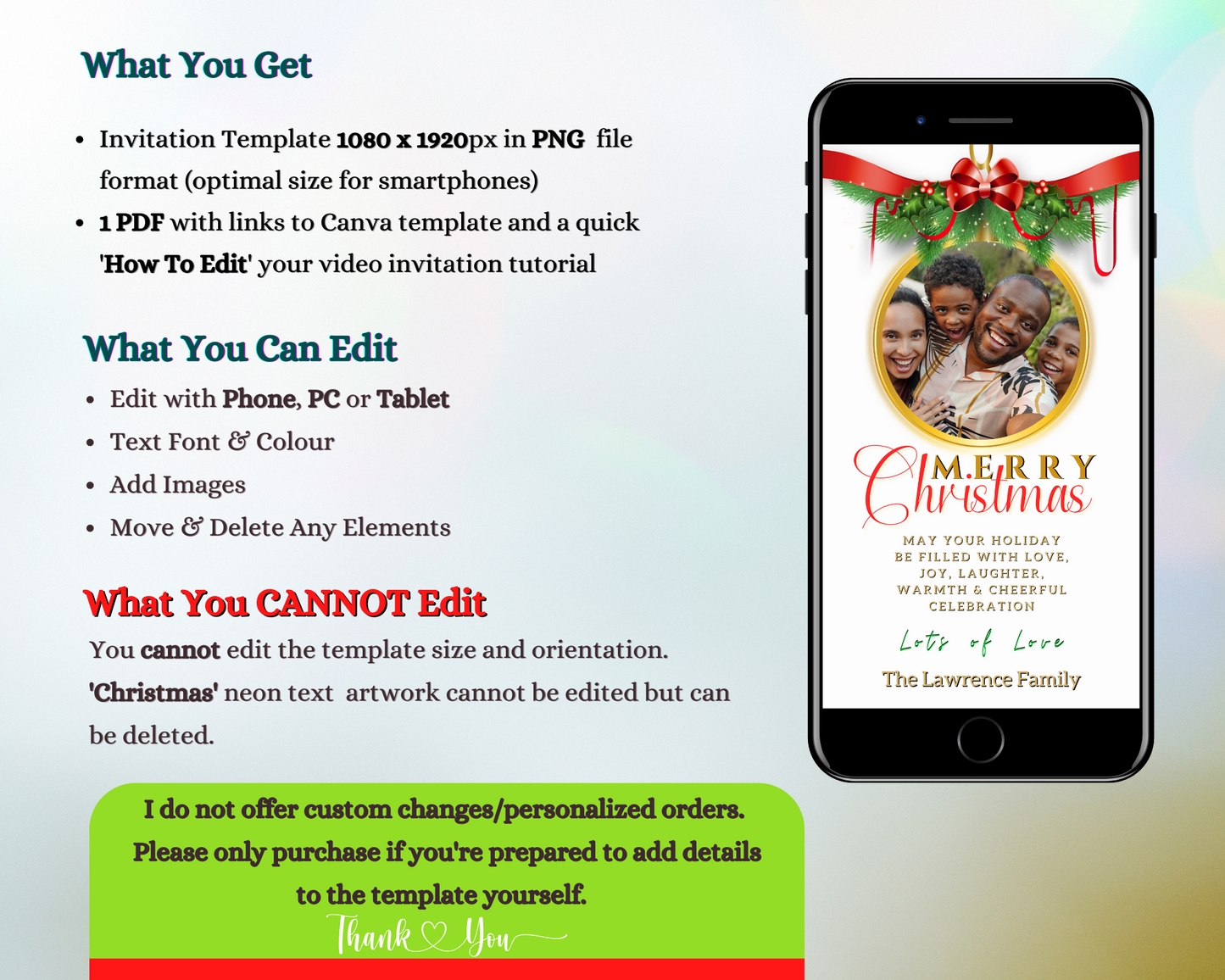Smartphone displaying customizable Merry Christmas Greeting Ecard with white red ribbon and family photo, ideal for personalizing via Canva.