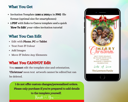 Smartphone displaying customizable Merry Christmas Greeting Ecard with white red ribbon and family photo, ideal for personalizing via Canva.