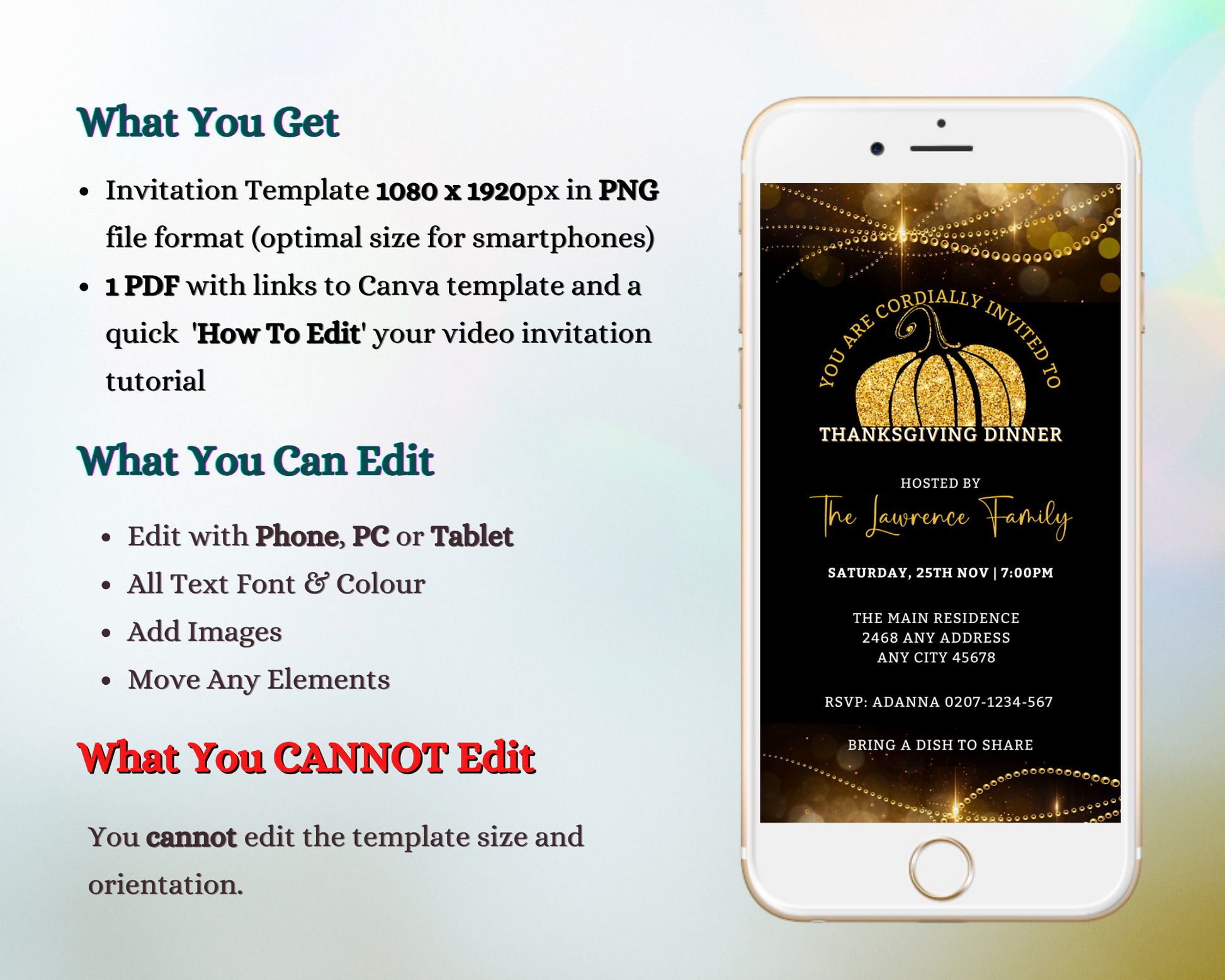 Golden Pumpkin Sparkle Thanksgiving Dinner Evite displayed on a white smartphone screen with editable text and elements for personalization via Canva.