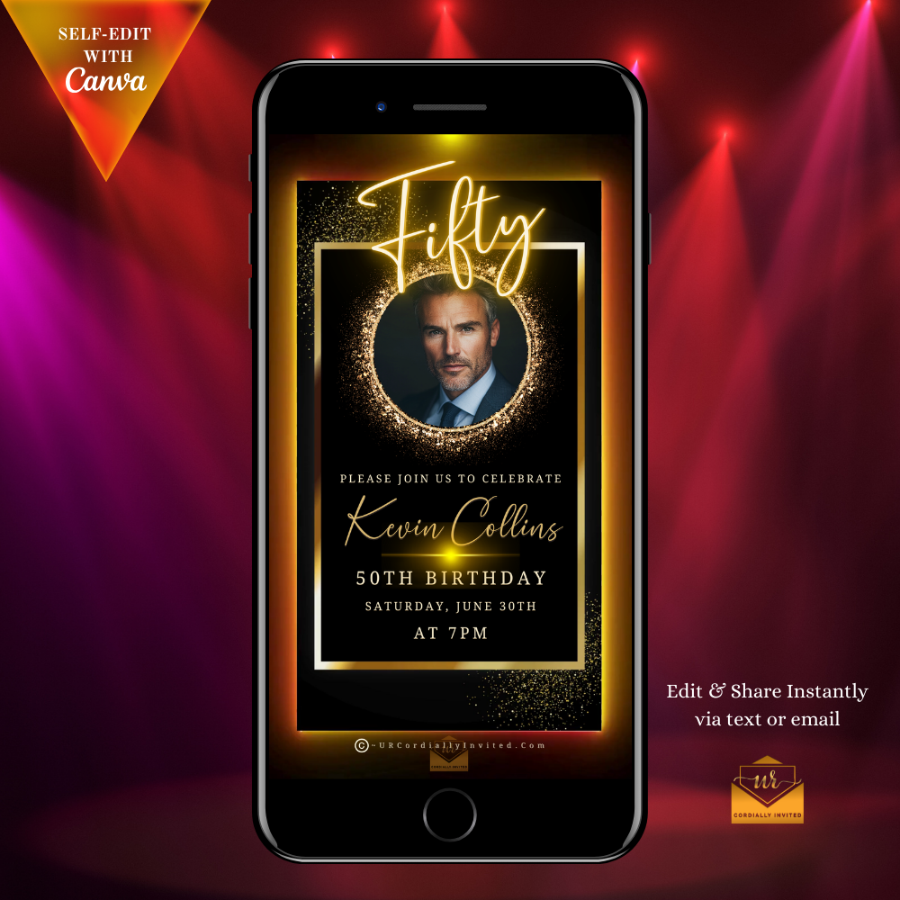 50th Birthday Video Invitation featuring a man's photo in a gold oval frame on a phone screen, highlighting the customizable digital invite.