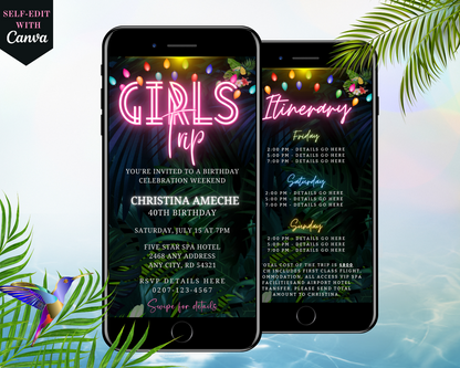 Two smartphones displaying the Tropical Destination Neon Pink | Girl's Trip Evite, with neon lights and palm leaves in the background.