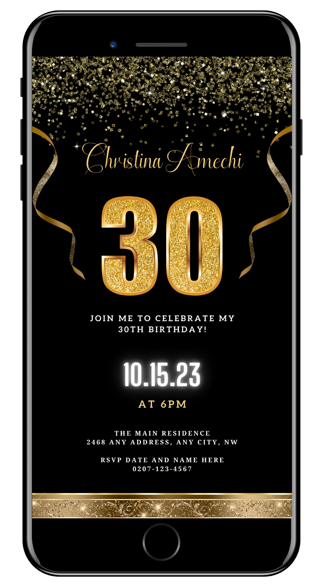 Black Gold Confetti 30th Birthday Evite featuring customizable gold text and glittery ribbon, designed for easy editing and sharing via Canva.