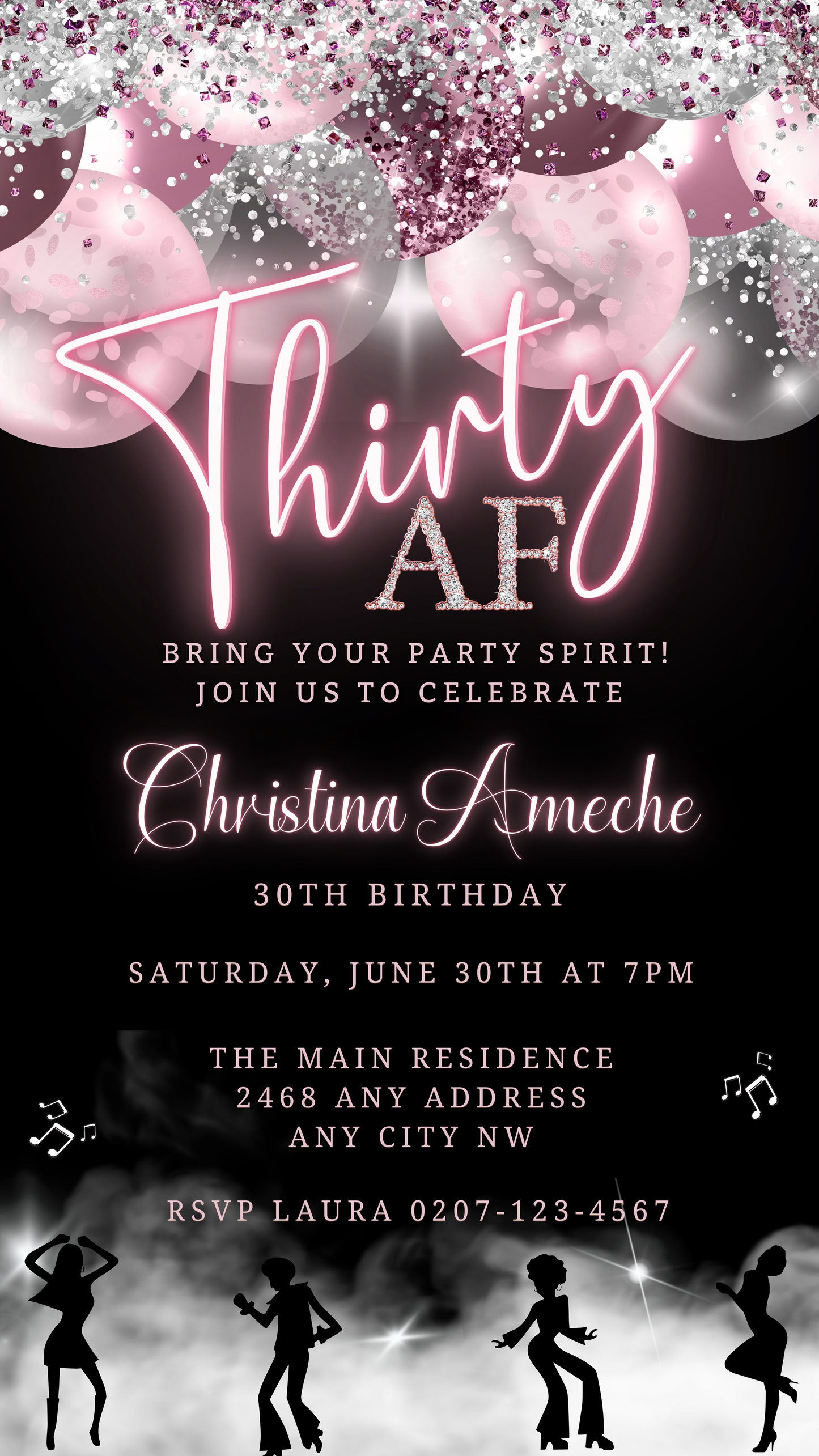 Customizable Mauve Pink Silver Neon 30AF Birthday Evite featuring silhouettes of a man with a skateboard and a woman dancing, perfect for digital invitations.