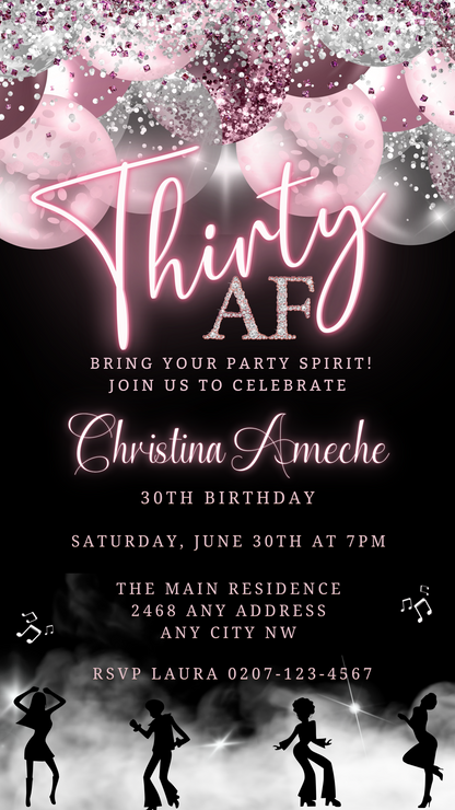 Customizable Mauve Pink Silver Neon 30AF Birthday Evite featuring silhouettes of a man with a skateboard and a woman dancing, perfect for digital invitations.