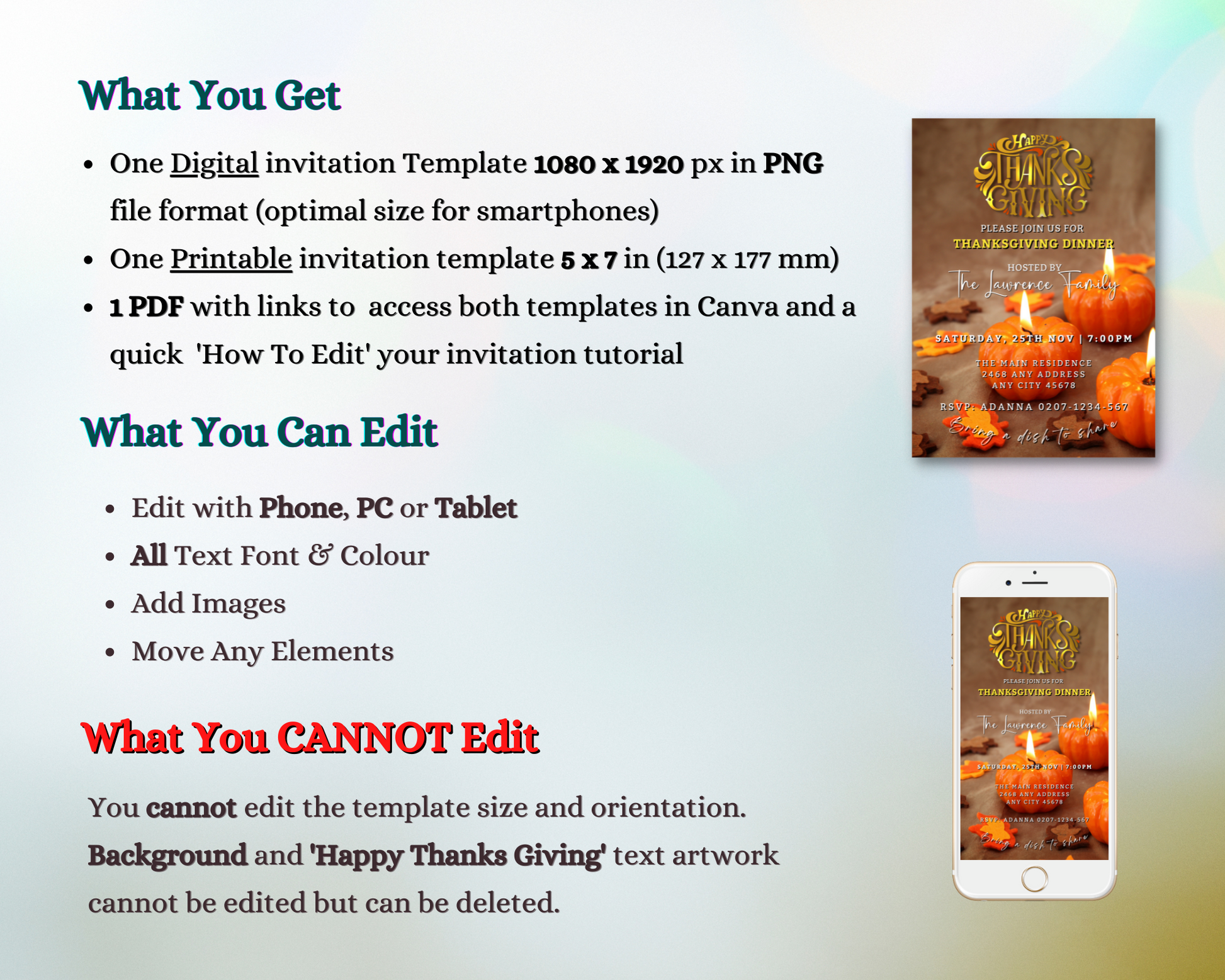 Gold Lit Pumpkins | Thanksgiving Evite displayed on a phone screen, featuring candles and cookies, customizable via Canva for electronic sharing.