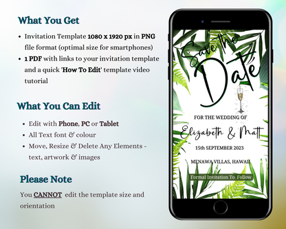 Editable Digital White Tropical Destination Save The Date Wedding Evite displayed on a smartphone screen, showcasing customizable text and design elements for easy personalization via Canva.
