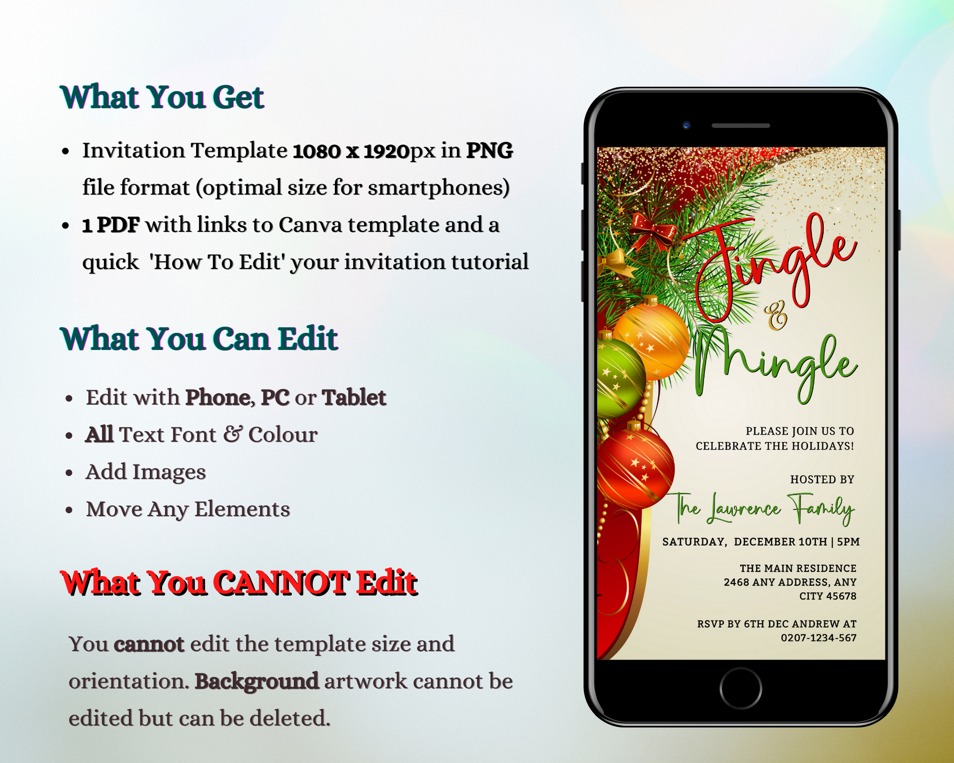 Smartphone displaying Colourful Jingle & Mingle Christmas Party Evite template, ready for personalization and digital sharing via Canva.