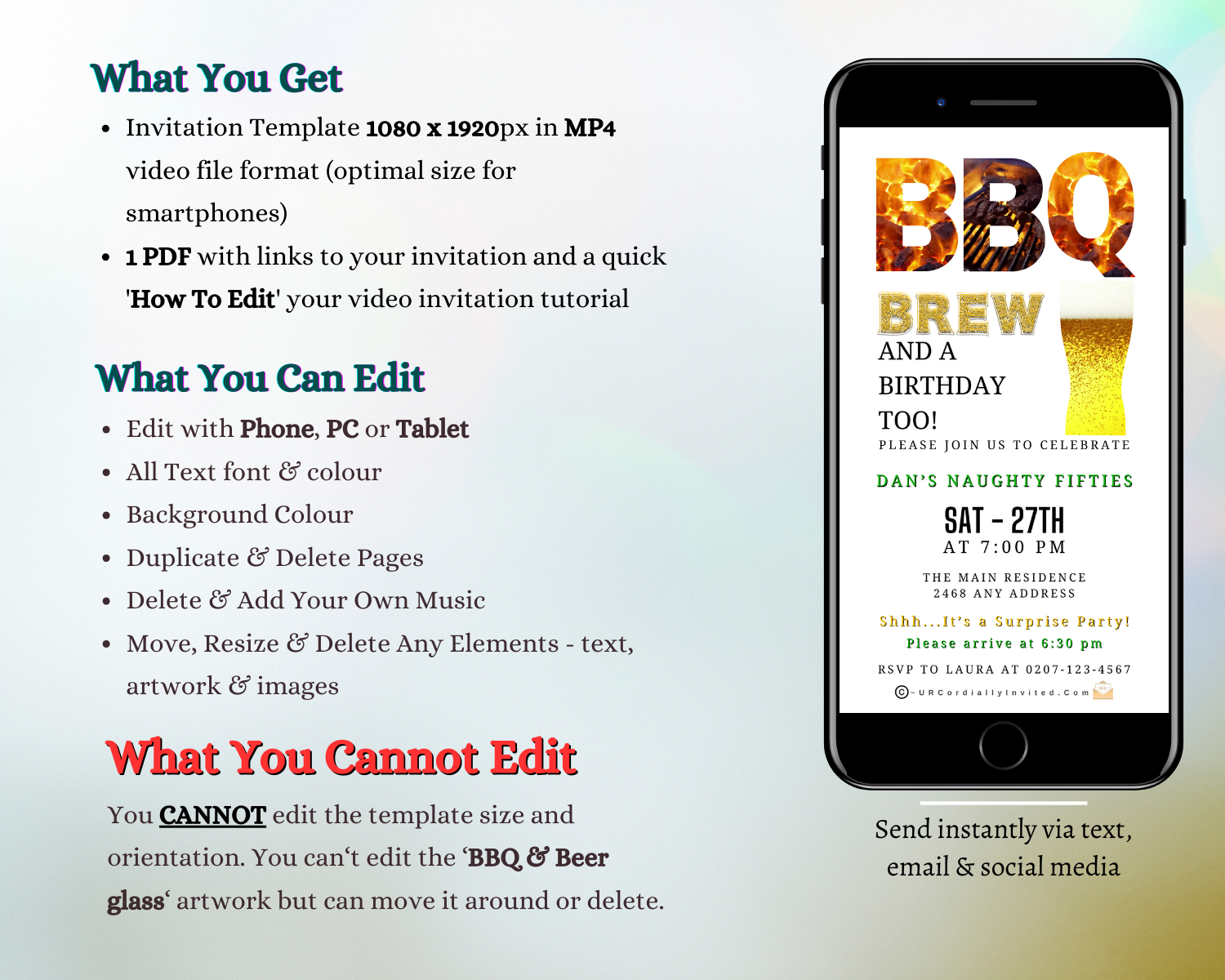 Smartphone displaying the BBQ & Brew Birthday Invitation Editable Canva Template, highlighting customizable event details for digital invitations via URCordiallyInvited.