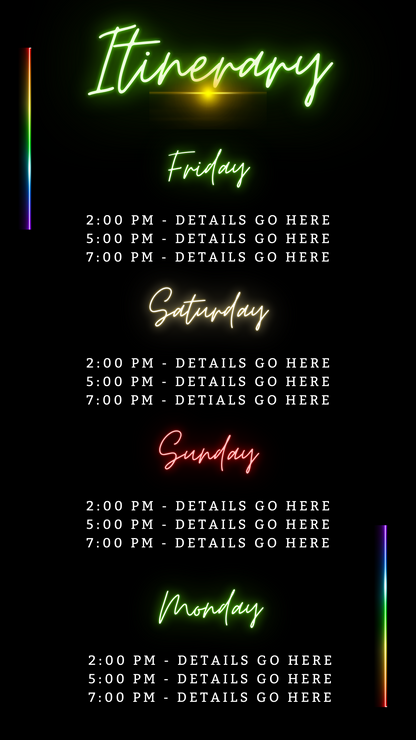 Jamaica Colourful Neon Getaway Party Evite with vibrant neon text and lights on a black background, customizable via Canva for digital invitations.