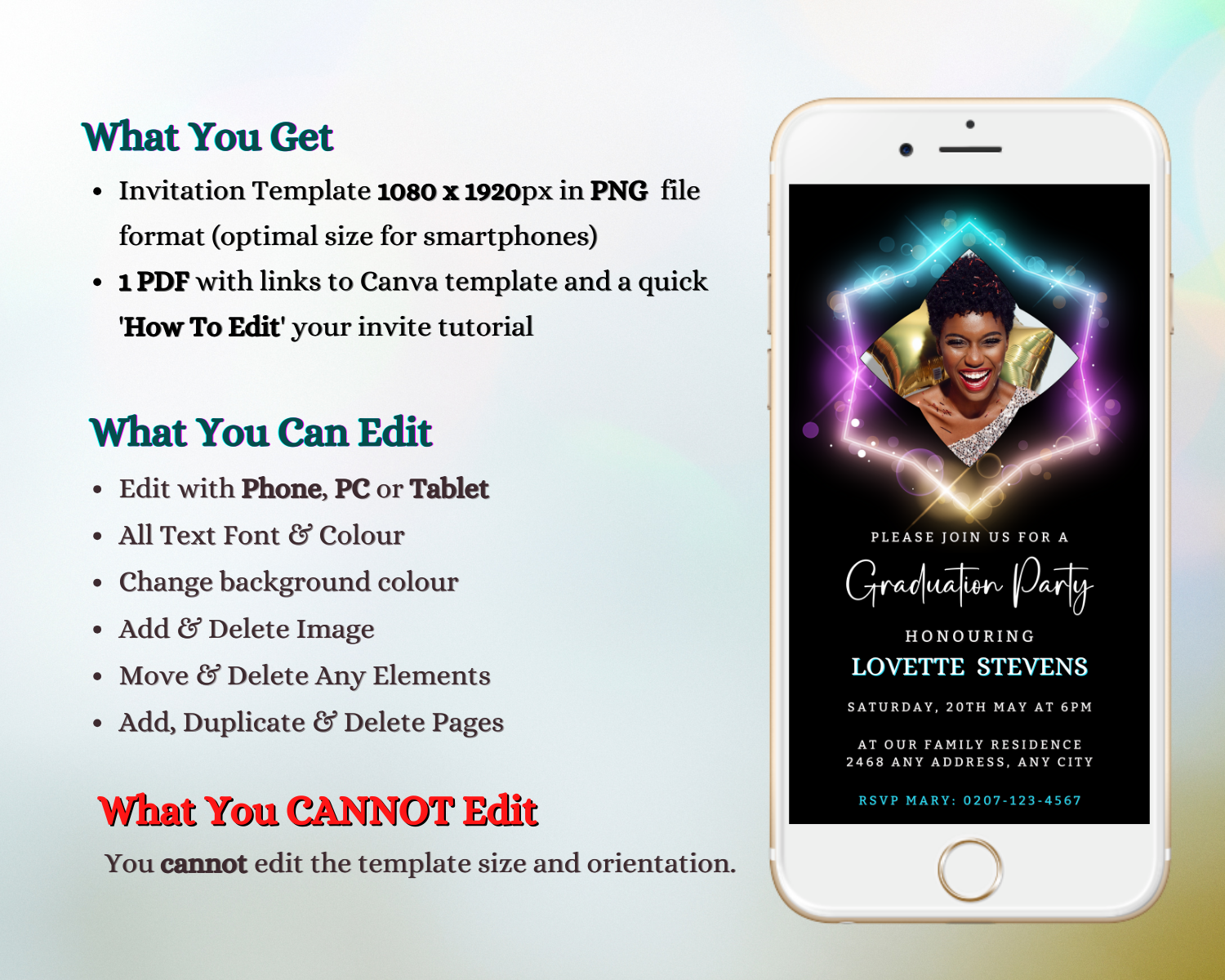 Neon Diamond Frame Graduation Party Invitation displayed on a smartphone screen, featuring a woman smiling with golden accents, customizable for digital sharing via Canva.