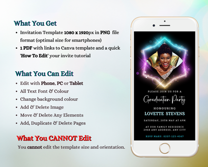 Neon Diamond Frame Graduation Party Invitation displayed on a smartphone screen, featuring a woman smiling with golden accents, customizable for digital sharing via Canva.