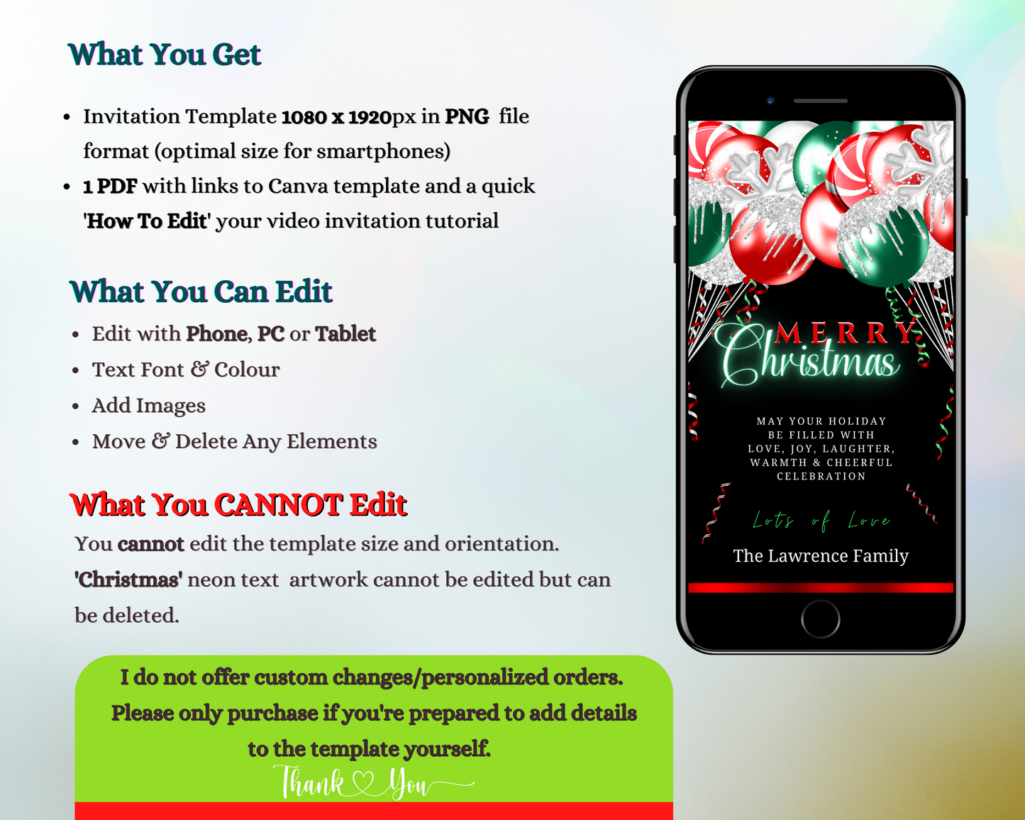 Red Neon Green Balloons Merry Christmas Ecard displayed on a smartphone screen, customizable via Canva for personal events.