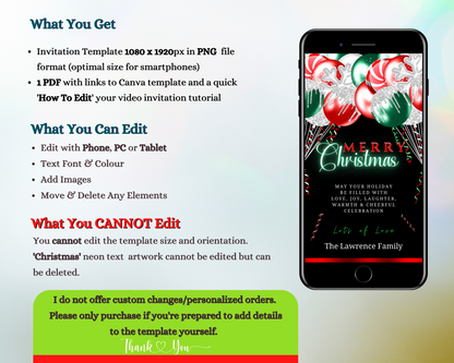 Red Neon Green Balloons Merry Christmas Ecard displayed on a smartphone screen, customizable via Canva for personal events.