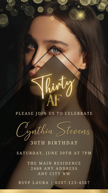 Close-up of a woman's face with gold text overlay, showcasing the customizable Photo Background Gold | 30AF Birthday Evite available for personalization via Canva.