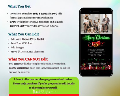 Neon Green Merry Christmas Greeting Ecard displayed on a smartphone, featuring editable text and photo, personalized via Canva. Suitable for digital sharing.