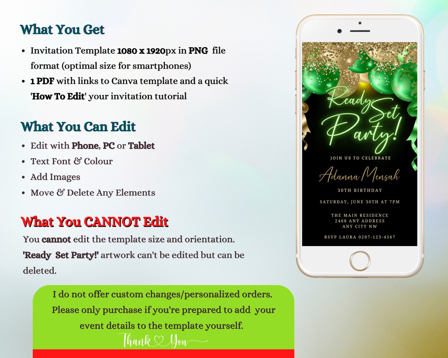 Smartphone displaying a customizable digital birthday party invitation with gold and green neon balloon graphics and editable text.