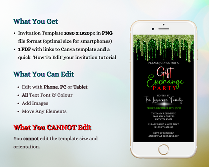 Green Drip Gift Exchange | Party Invitation displayed on a smartphone screen with editable green glitter text, showcasing a customizable digital template for events.