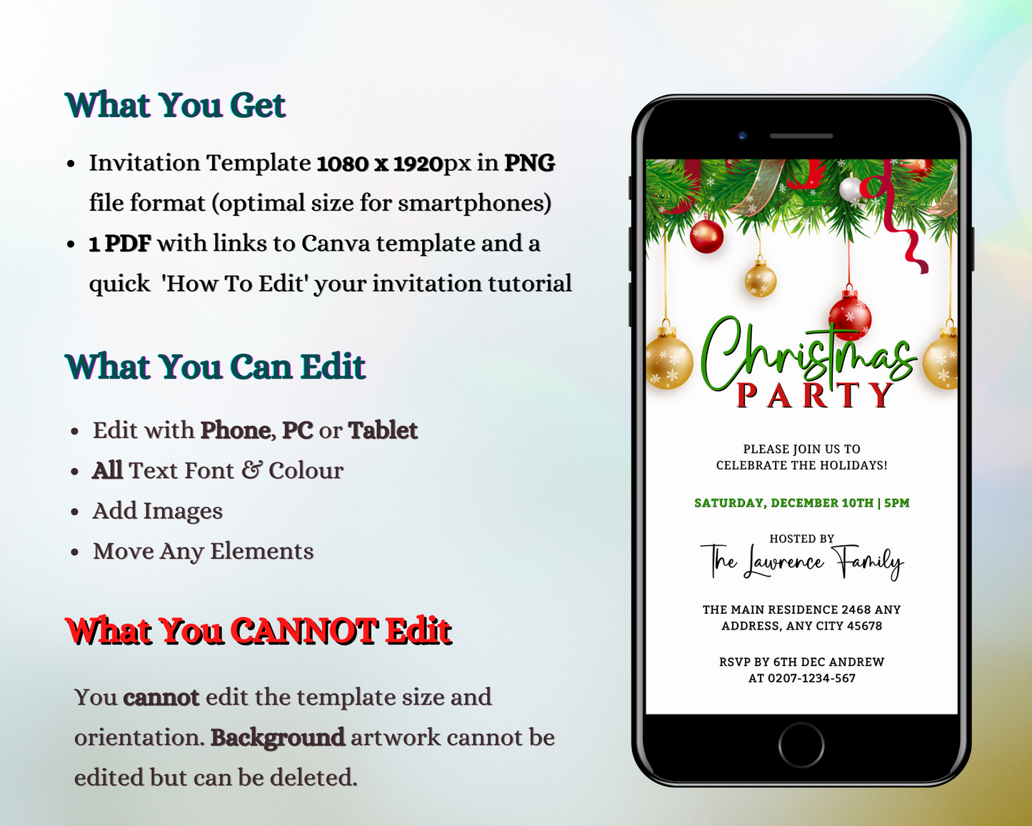 Smartphone displaying an editable digital Christmas party invitation with white, red, gold, and green ornaments.